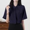 Рубашка Блузка для Короткого Тела Офисная Летняя [Yino] Женская, Рукав, Бант, Драпировка, Лента, Закрывающая, Стройнящая, Стильная, Аккуратная, Женственная, Взрослая, Милая,