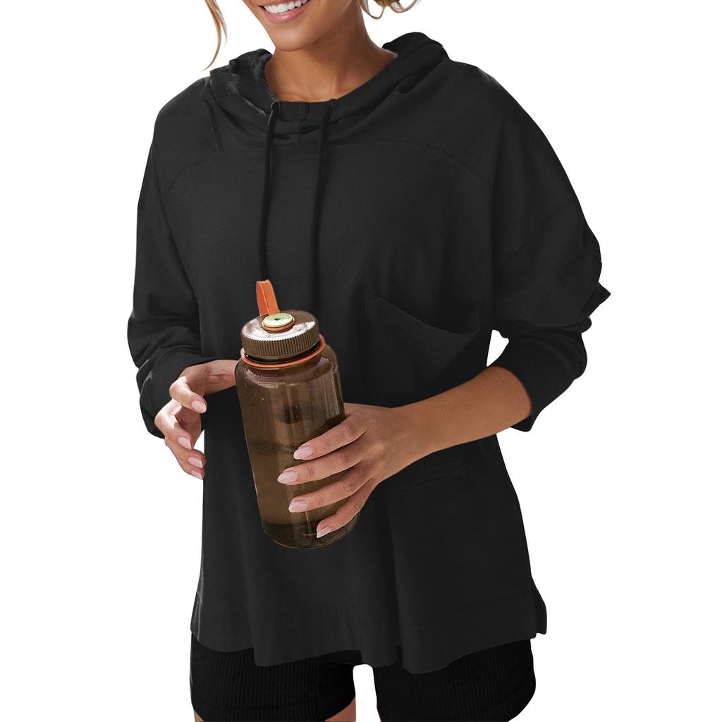 Женские негабаритные толстовки с длинными рукавами, повседневная свободная толстовка с капюшоном и завязками с боковыми разрезами для тренировок