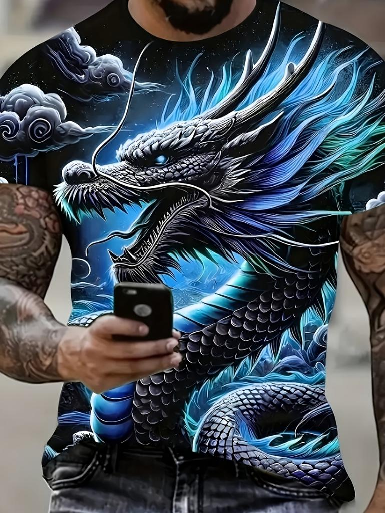 Крутая мужская футболка с графикой дракона 3D-печать высокой четкости Горячий топ Круглый вырез Модный повседневный Быстросохнущая Оверсайз Мужская одежда