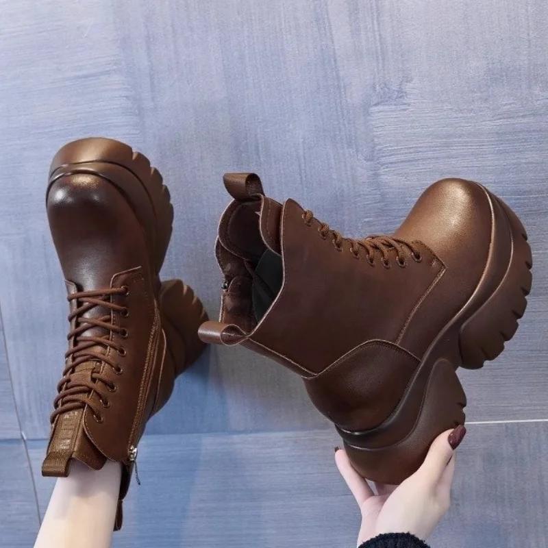 Новые популярные осенние женские туфли на высоком каблуке из римской коровы, прочные модные ботильоны на толстой подошве, весенние туфли на танкетке Zapatos