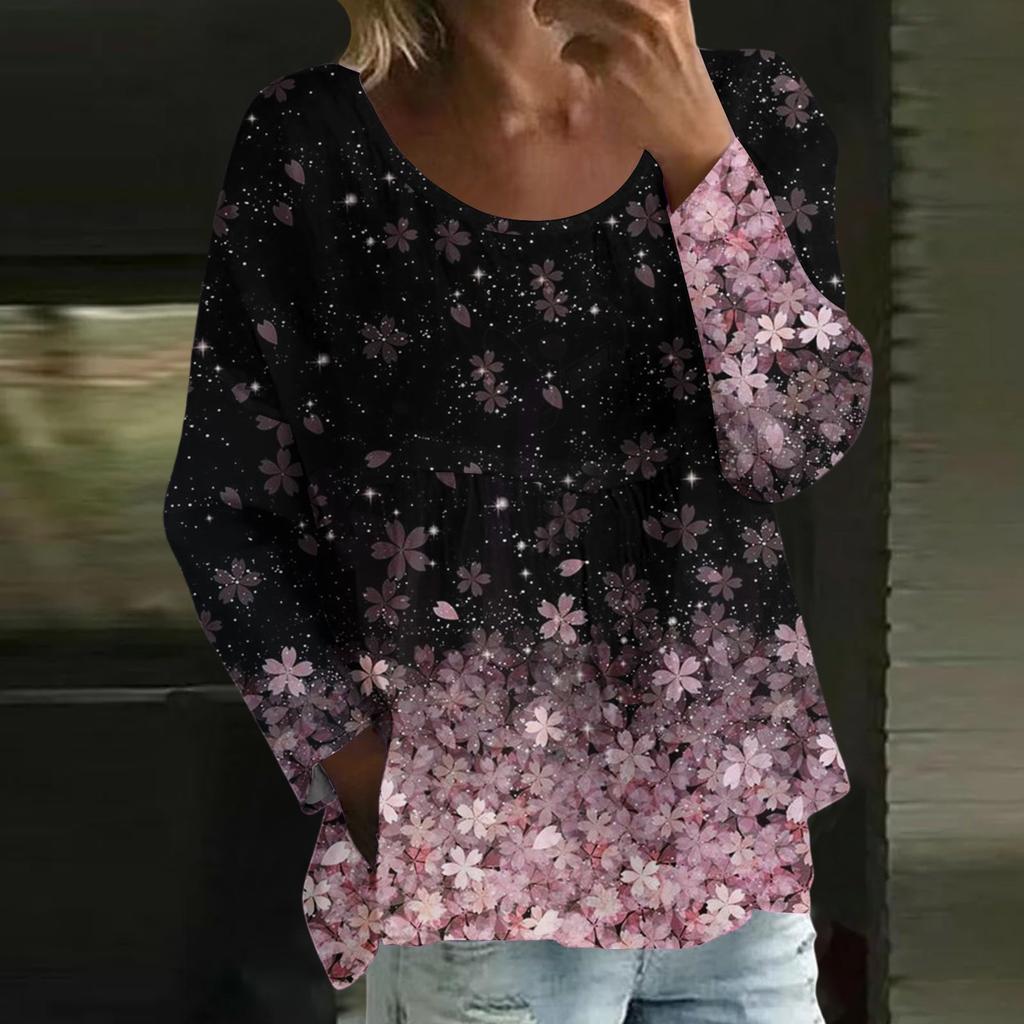 Women's Casual Fashion Loose Round Neck Floral Print Long Sleeve Top