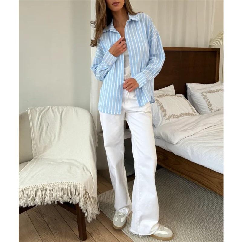 Women Striped Linen Button‑Down Shirt Loose Long Sleeve Casual Oversized Blouse For Daily Wear