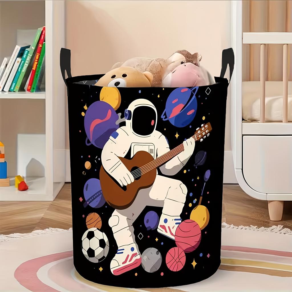1pc Space Sports Astronaut Theme Laundry Basket, Dirty Clothes Basket, with Secure Handle, Round Storage Basket, Suitable for Room, Bathroom, Home Dec