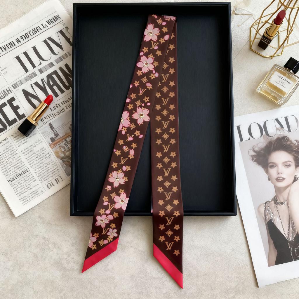 Heavy twill silk scarf, small fragrance style, long strip, thin tie bag, ribbon decorative streamer, neck band, hair band double C