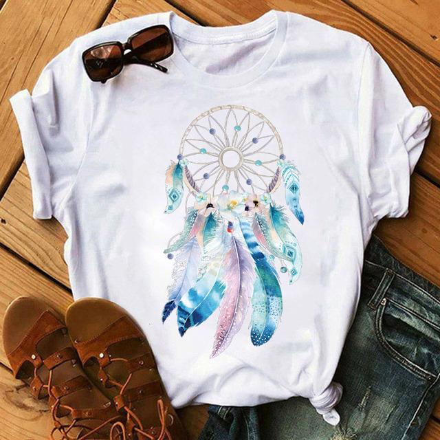 Harajuku женская футболка с принтом в виде перьев и цветов, женская новая черная футболка, женские милые графические футболки, женские повседневные топы, футболка