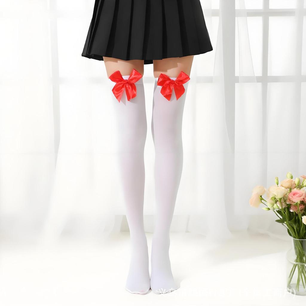 Velvet Thigh-High Socks with Red Bow for Halloween and Christmas