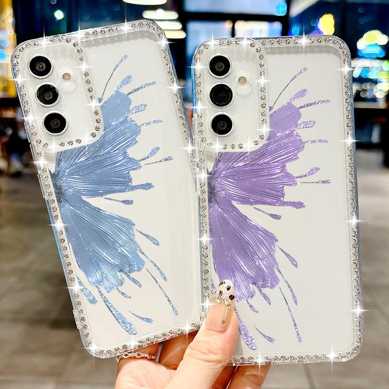 Мягкий силиконовый противоударный чехол с бриллиантовой рамкой для Samsung S25 Ultra S24 FE S23 S22 A16 A56 A36 A15 A55 A35 с принтом бабочки, прозрачный чехол для телефона