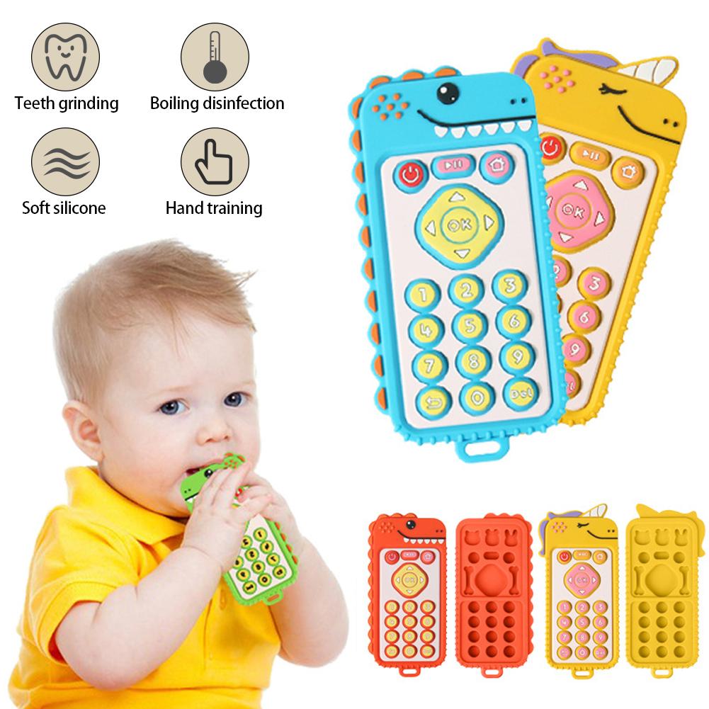 Детский силиконовый прорезыватель для зубов с дистанционным управлением «Единорог» с ручкой-имитатором и кнопкой для жевания, прорезыватель для зубов из пищевого силикона