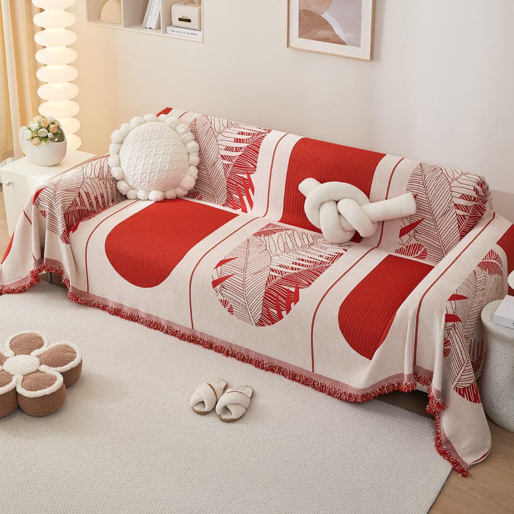Red Double-Sided Leaf Chenille Sofa Cover Cloth Universal Sofa Cover Towel Four Seasons Universal Anti-Scratching All Inclusive Cover Blanket