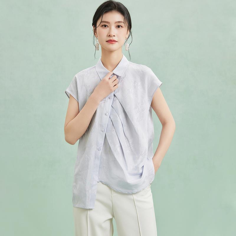 Cotton silk and linen collared short-sleeved shirt with high-end and unique irregular design, summer women's top
