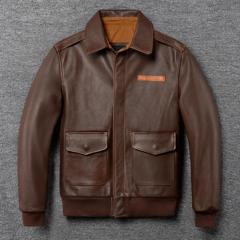Мужская кожаная куртка Натуральная коровья A2 Летный костюм Мужской Авиатор Бомбер Пальто Мужчины Коровья кожа Кожаные куртки Весна Осень