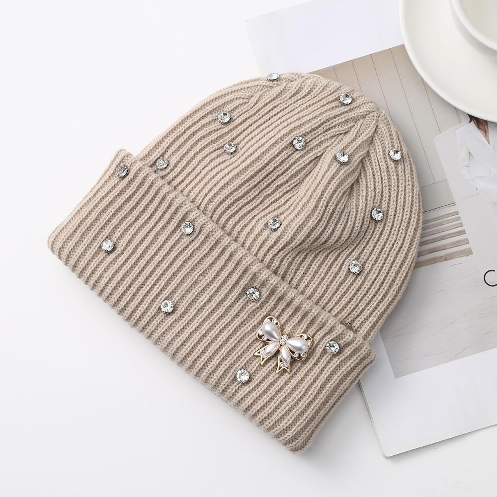 Solid Color Crystal Pearl Bow Beanie Elastic Pullover Hat Casual Knit Hat Women