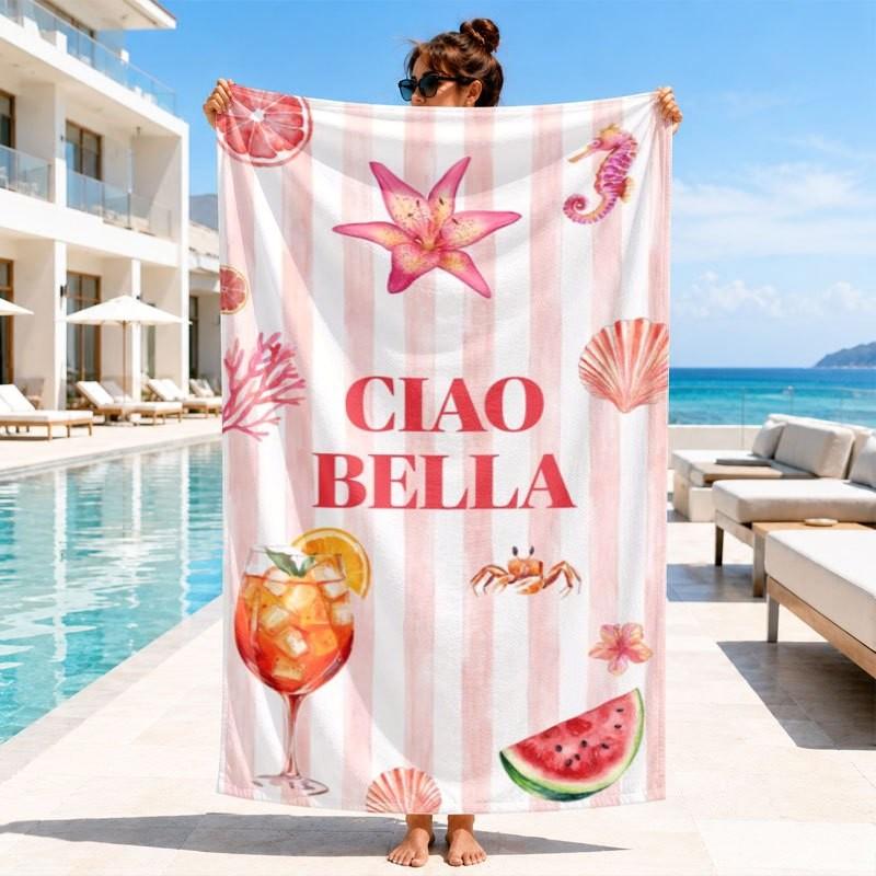 Мятно-белый вертикальный полосатый La Dolce Vita Лимонный рукописный принт Микрофибра Быстросохнущее пляжное полотенце Итальянский прибрежный отпуск Банное полотенце