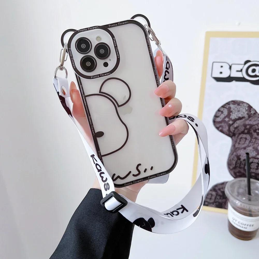 Cute Cartoon Flowers Bear Crossbody Case For iPhone 15 14 13 16 Pro Max 11 12 X Xs 7 8 Plus Cat Necklace Transparent Soft Cover