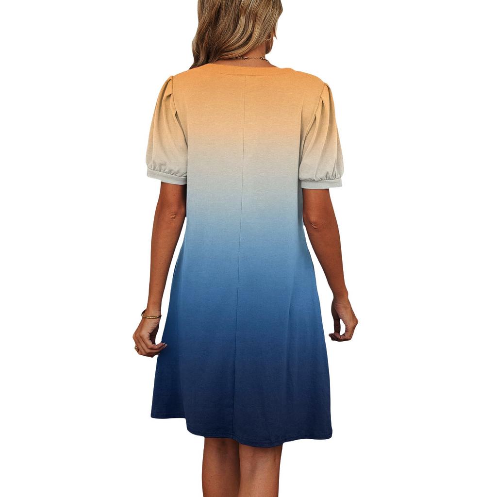 Women's Summer V-Neck Casual Beach Dresses Pod Short Sleeve Gradient Printed Dresses