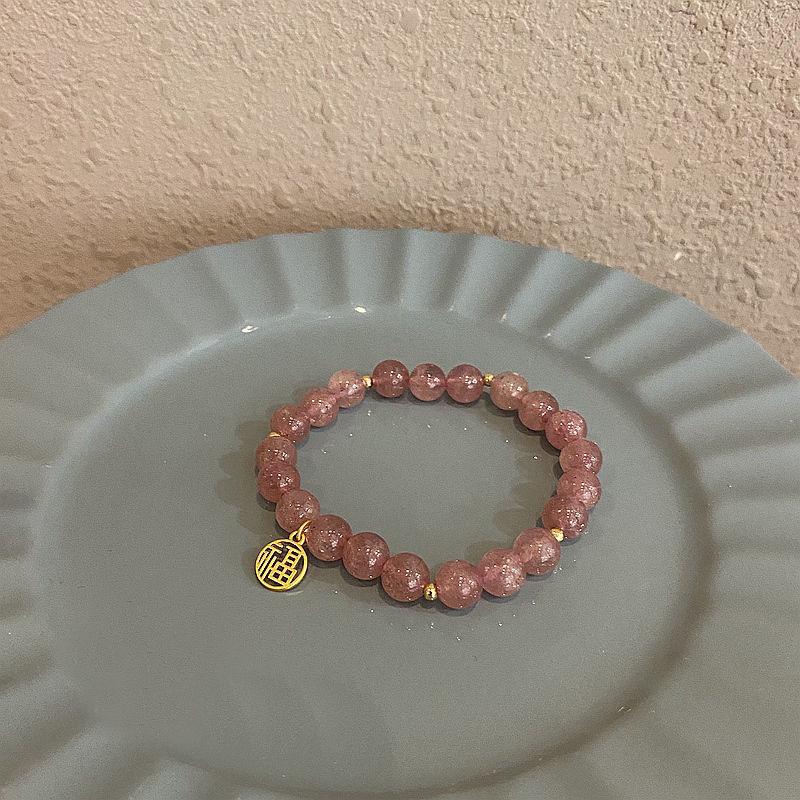 Браслет с розовым клубничным кварцем и подвеской 'Фу' - Уникальный дизайн для женщин и пар