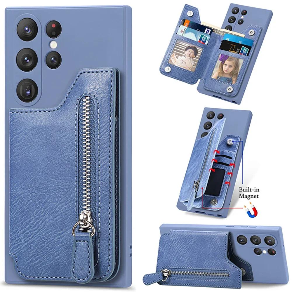 Luxury Zipper Wallet Case Camera 360 Protect Back Cover for Samsung Galaxy S24 S23 S22 S21 S20 Ultra Plus S8 S9 S10 Cover