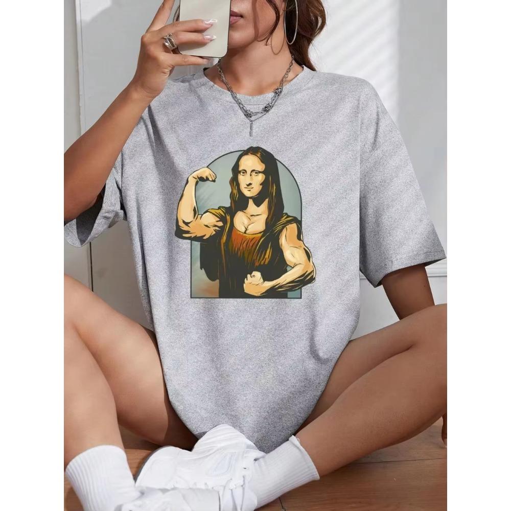Summer Clothing Playing with Mona Lisa Fitness Print Women's T-shirt Loose Casual T-shirt Cotton Loose Street Style Retro