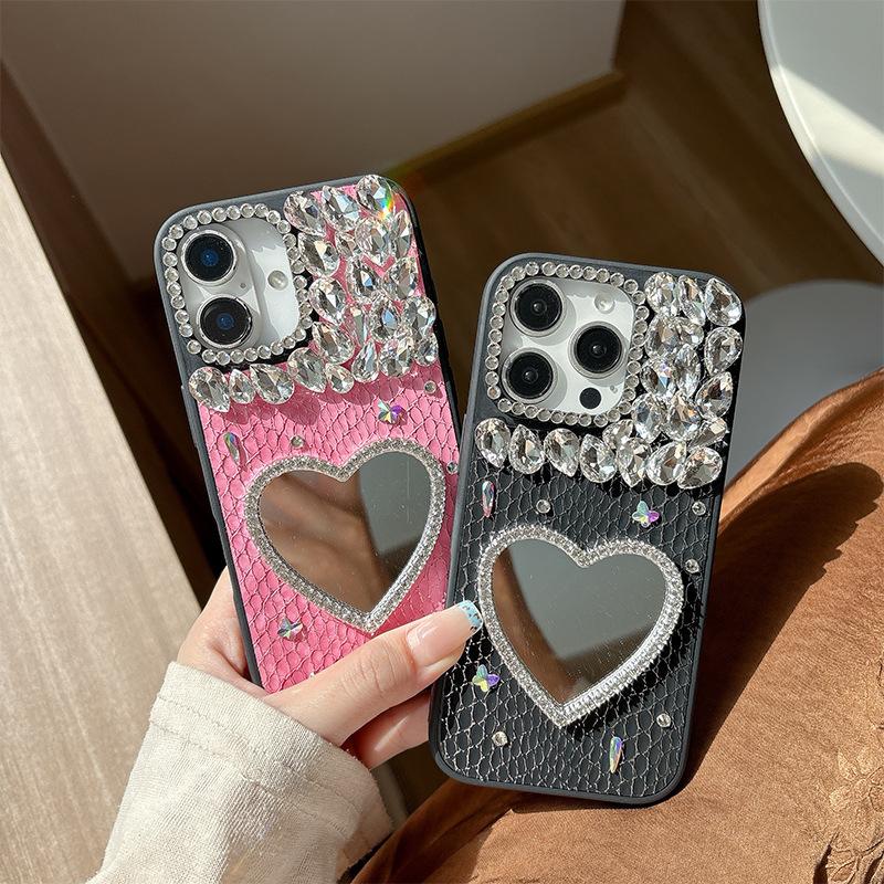 Чехол для мобильного телефона Rhinestone Love Mirror для IPhone17promax Кожа для Apple 16 Женская модель 15 Индивидуальность