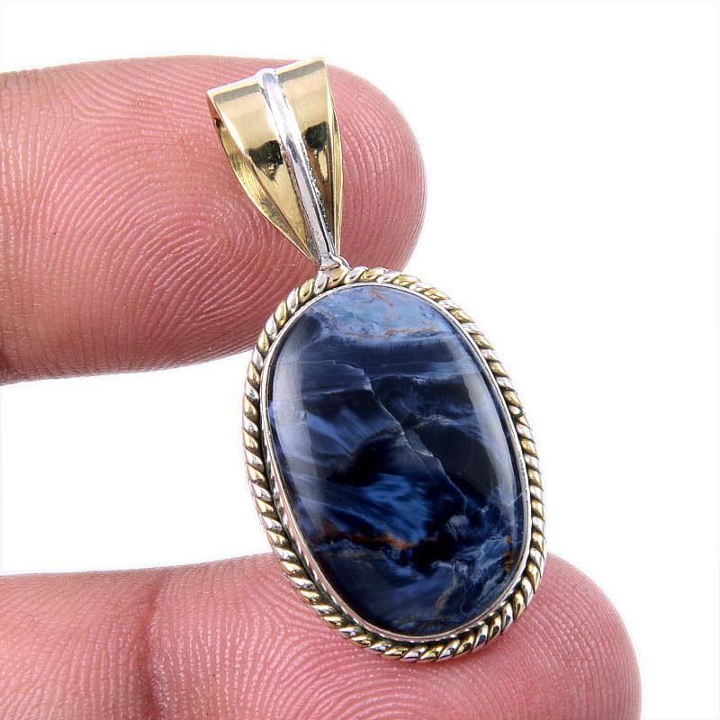 Natural Pietersite Gemstone 925 Solid Sterling Silver TwoTone Pendant 1.25" R6e32