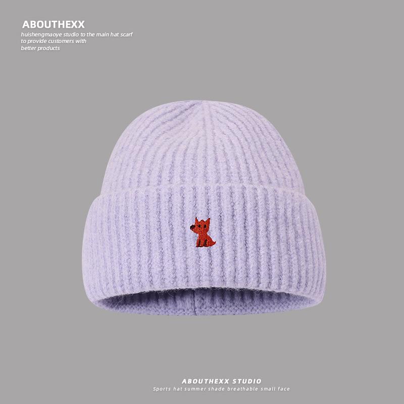 Autumn and Winter Warm Knitted Hats for Men and Women Korean Style Small Fox Embroidered Loose Big Head Circumference Woolen Hat Ins Trend