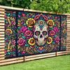 A vibrant sugar skull flower background banner made of polyester wall decoration, featuring a complex Halloween designzyc