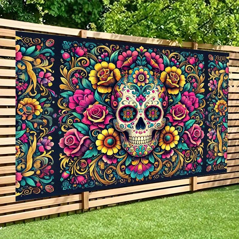 A vibrant sugar skull flower background banner made of polyester wall decoration, featuring a complex Halloween designzyc