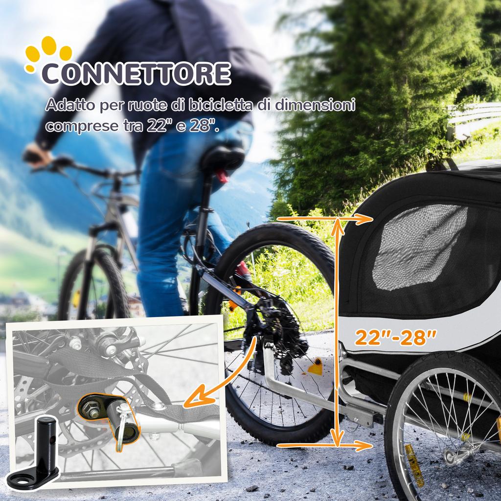 Medium Dog Bike Trailer with Side Windows and Flag, 130x73x90 cm, Black and White