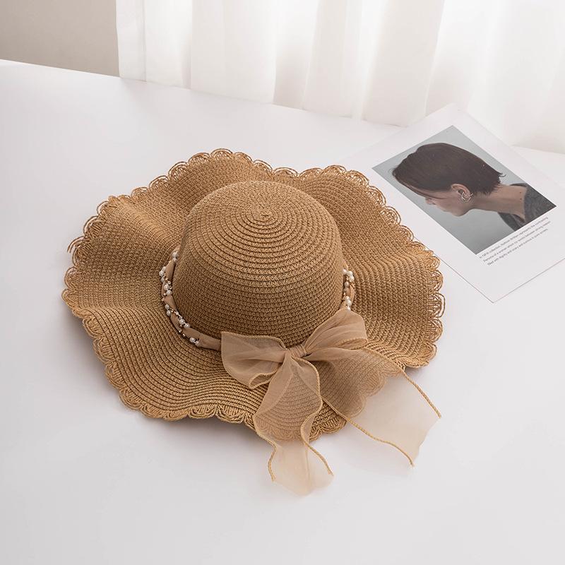 Elegant Women's Sun Hat with Mesh Trim & Faux Pearl Ribbon - Wide Brim, UV Protection Straw Beach Cap for Travel
