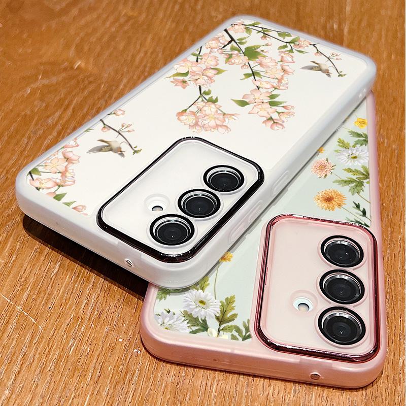 Прозрачный противоударный чехол с цветочным принтом для Samsung S25 Ultra S24 FE S23 Plus A56 A36 A16 A55 A15, защитная пленка для объектива, мягкий силиконовый тонкий чехол для телефона