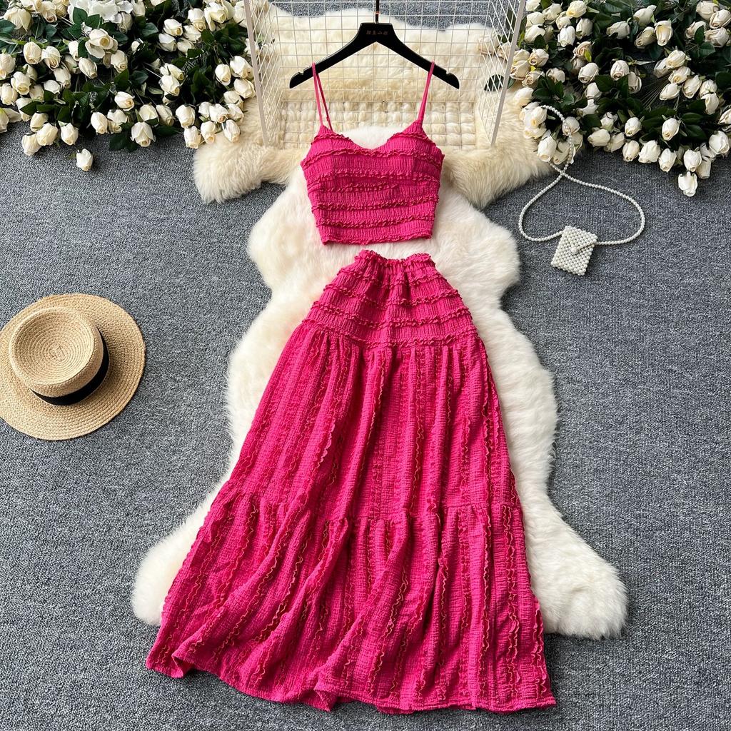 Summer Lace Patchwork Beach Two Pieces Sets Women Sexy Camisole+A Line Long Skirt Fashion Elastic Bohemian Suits