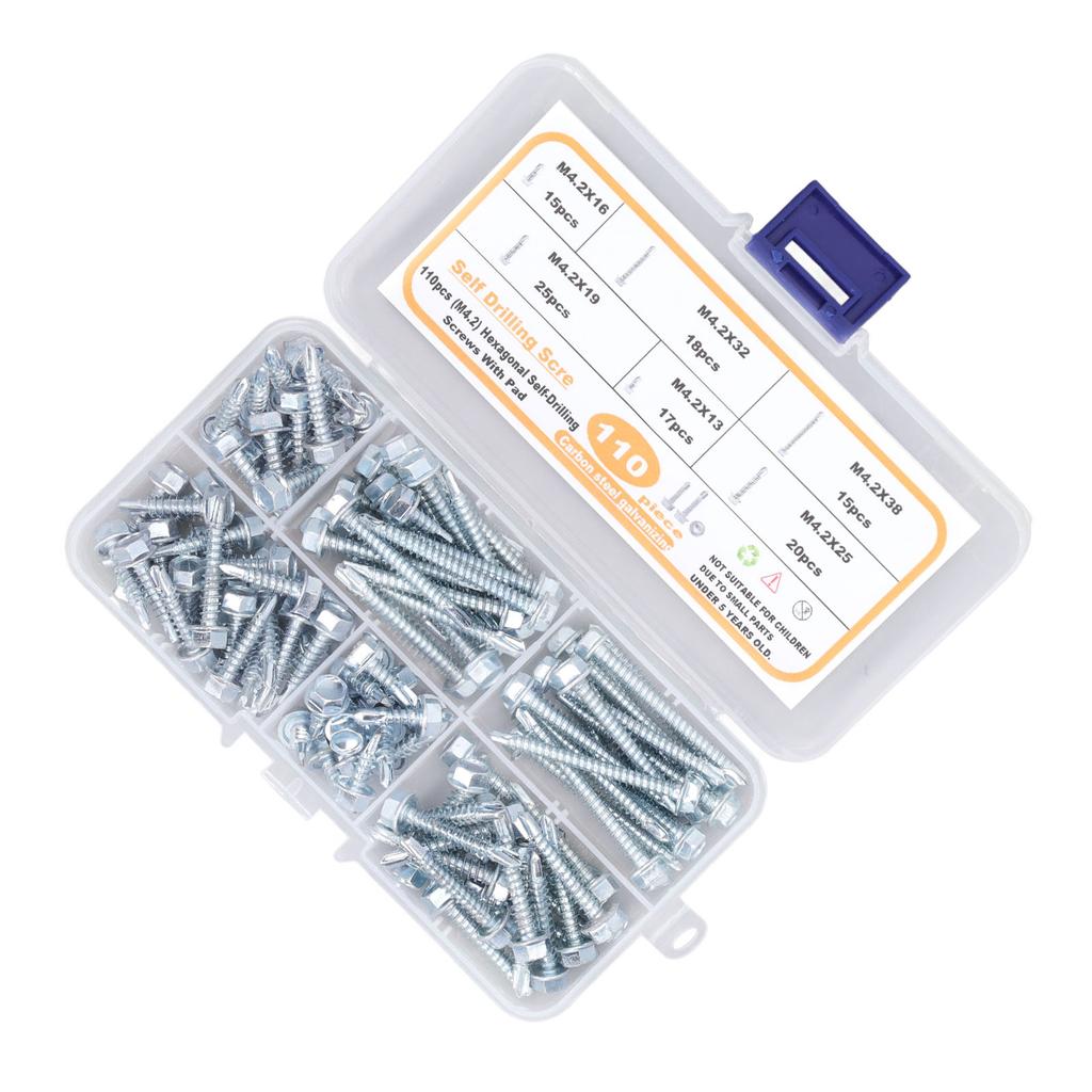 110Pcs Self Drilling Screw Hex Washer Head M4.2 6 Sizes Fastener Assortment Set Kit