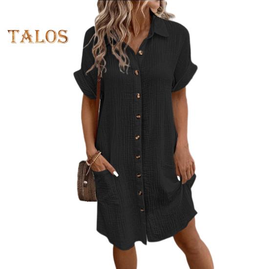 Летнее женское платье с отложным воротником, однобортное, свободное, с короткими рукавами, свободное, однотонное, с накладным карманом, длиной до колена, для отдыха, миди-платье