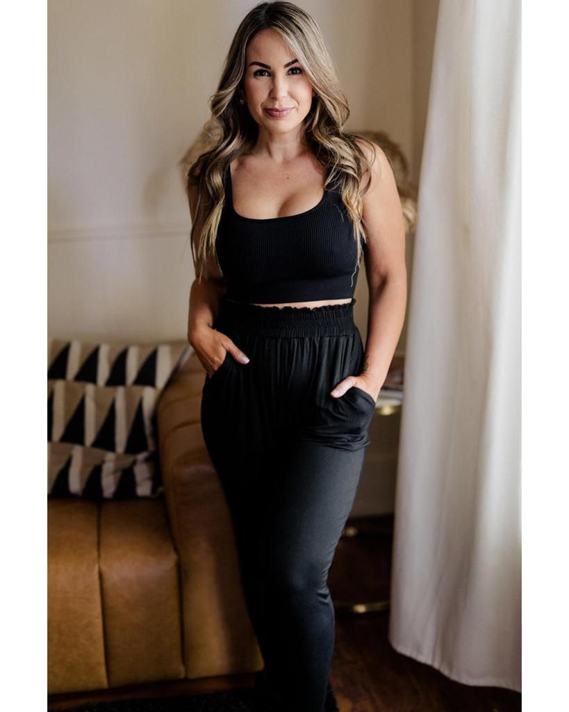 Azura Exchange Black Plus Size Frill High Wasit Pocketed Soft Pants