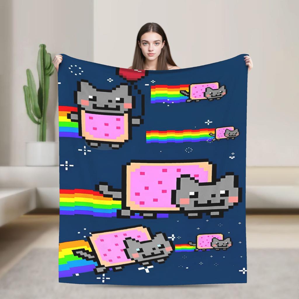 Cat Rainbow Pixel Space Nyans Blanket Flannel Textile Decor Multifunction Soft Throw Blankets for Bedding Couch Rug Piece