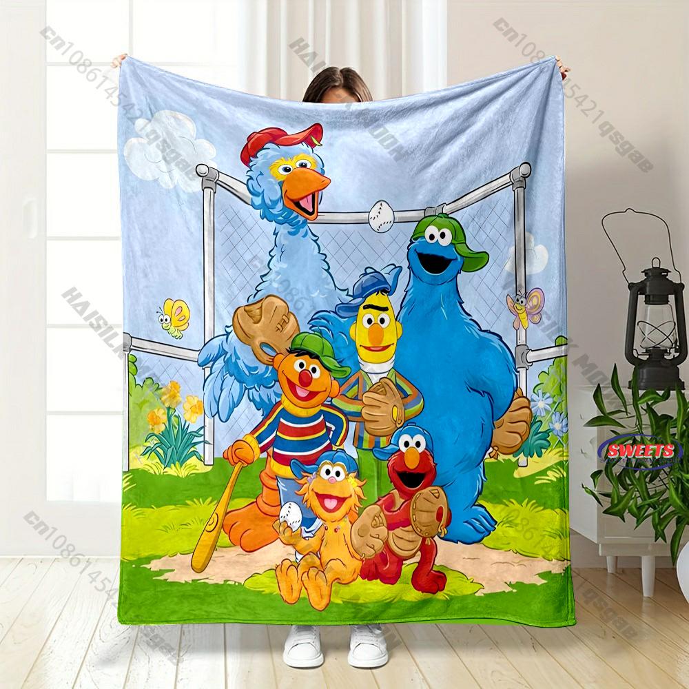 6 Sizes S-Sesame S-Street Pattern Printed Blanket, Cozy Warm Blanket for Sofa, Bed, Camping, Holiday Gift for Family and Friends