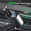100W Car Charger USB Type C Super Fast Charge Flash Charging Retractable Cable Phone Car Charger For Iphone Huawei Samsung with Voltage Display