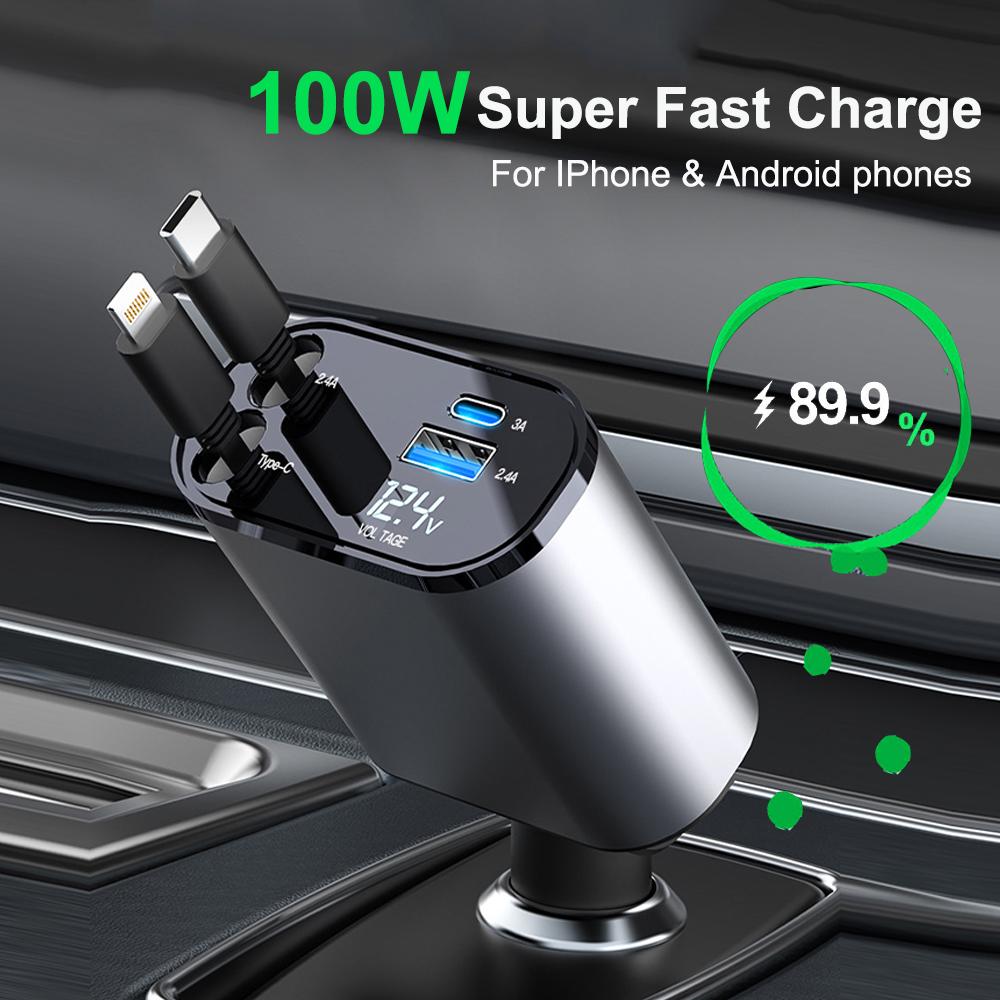 100W USB Type-C Car Charger, Fast Charging Retractable Cable, for iPhone, Huawei, Samsung with Voltage Display