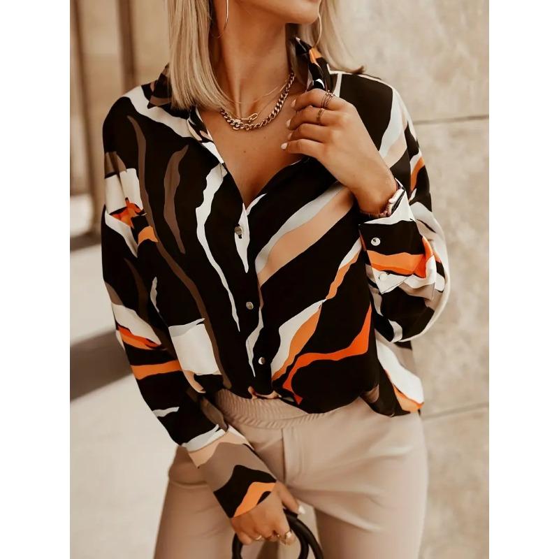 Color Block Button Front Shirt, Casual Long Sleeve Shirt For Spring & Fall, Women's Clothing