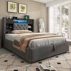 Upholstered Bed 90x200cm with Hydraulic Box & LED Lighting, Frame with USB/Type-C Charging Function, Linen Fabric, Grey (Without Mattress)