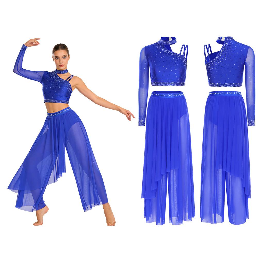 Эффектный костюм для лирического танца для женщин S-XXL: Привлекательный асимметричный дизайн со стразами и струящейся юбкой-накидкой