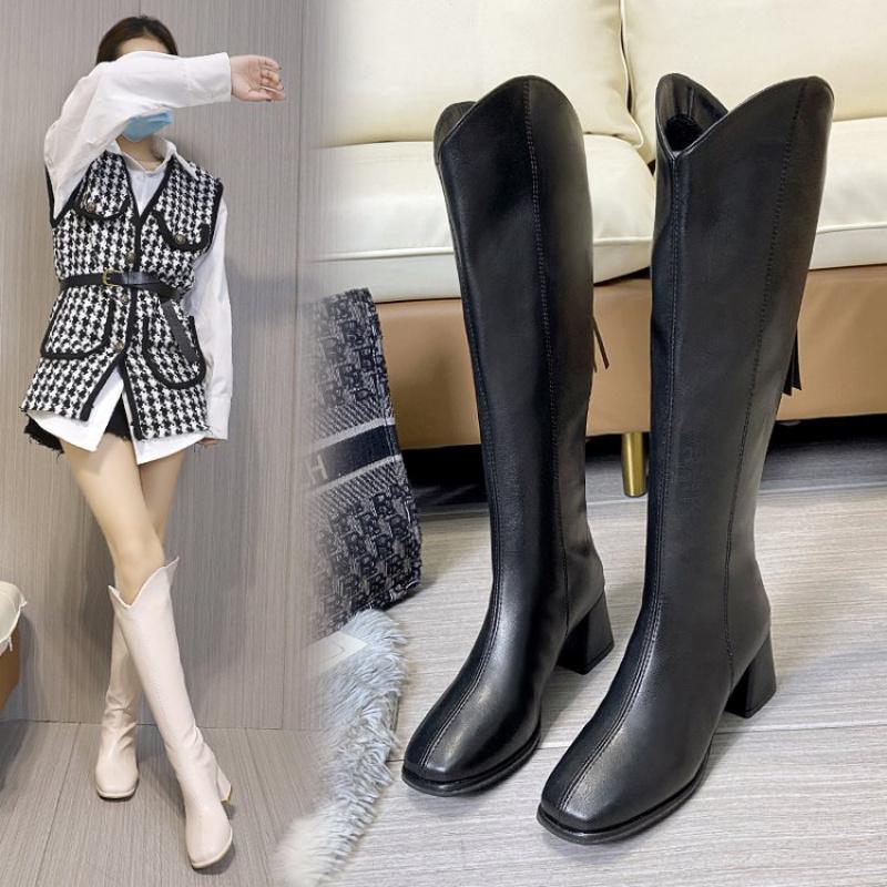 Autumn Winter New Long Boots for Women Over-the-Knee White High Boots, Chunky Heel Square Toe Fleece-Lined Slim Fit Riding Boots