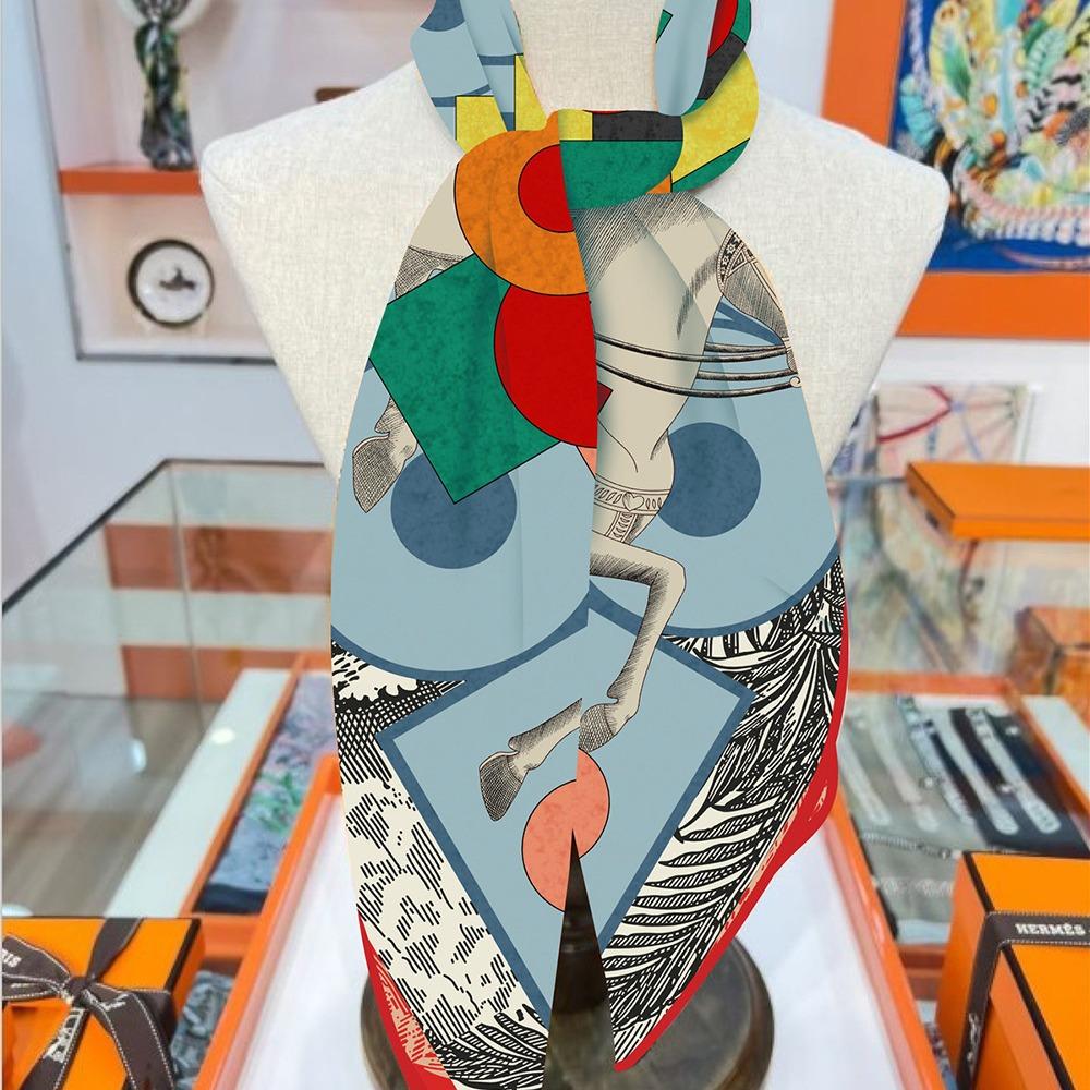 Luxury Fashion Twill Silk Scarf for Women French Dots Horse Wraps Headband Shawl Stoles Hijab Lady Square Foulard Bandana