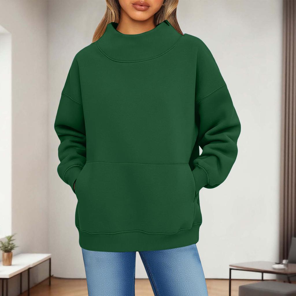 Women's Fashionable Casual Solid Color Round Neck Long Sleeved Pocket Sports Casual Pullover Sweatshirt Top