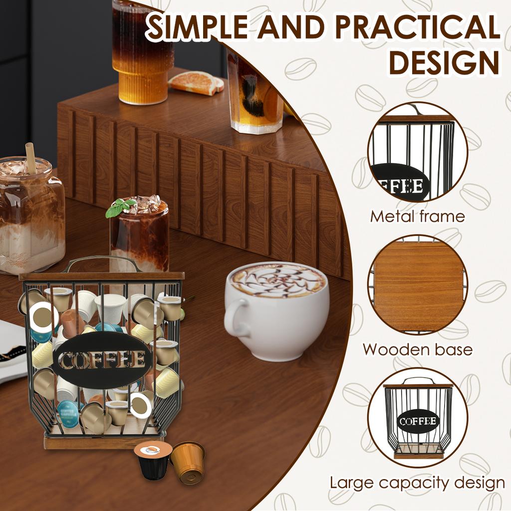 Держатель для кофейных капсул, металлический большой емкости, органайзер для кофейных капсул с деревянной крышкой для кофейной стойки, контейнер для хранения