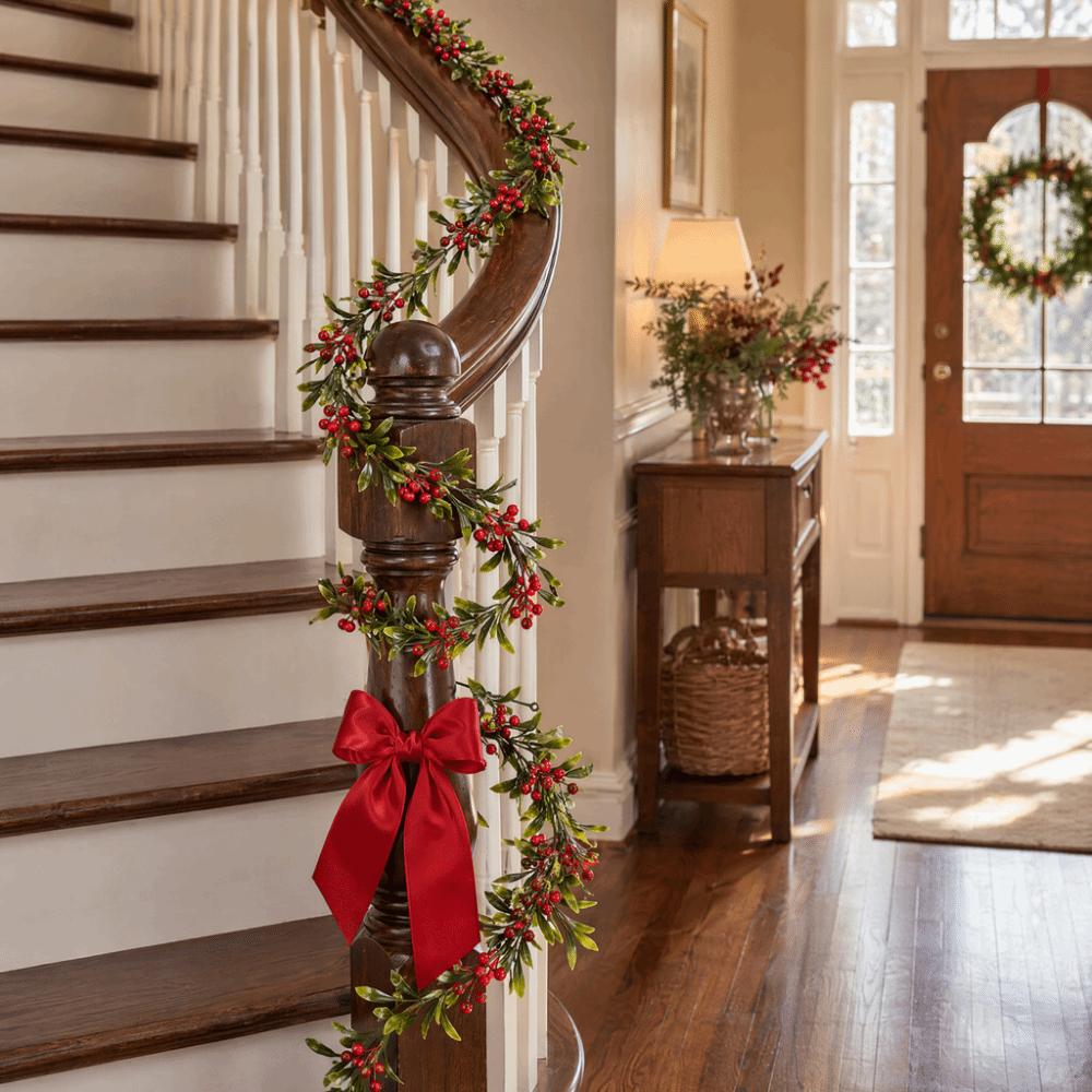 Green Leaves Christmas Red Berry Garland Red Berries Faux Pine Vine Home Decoration