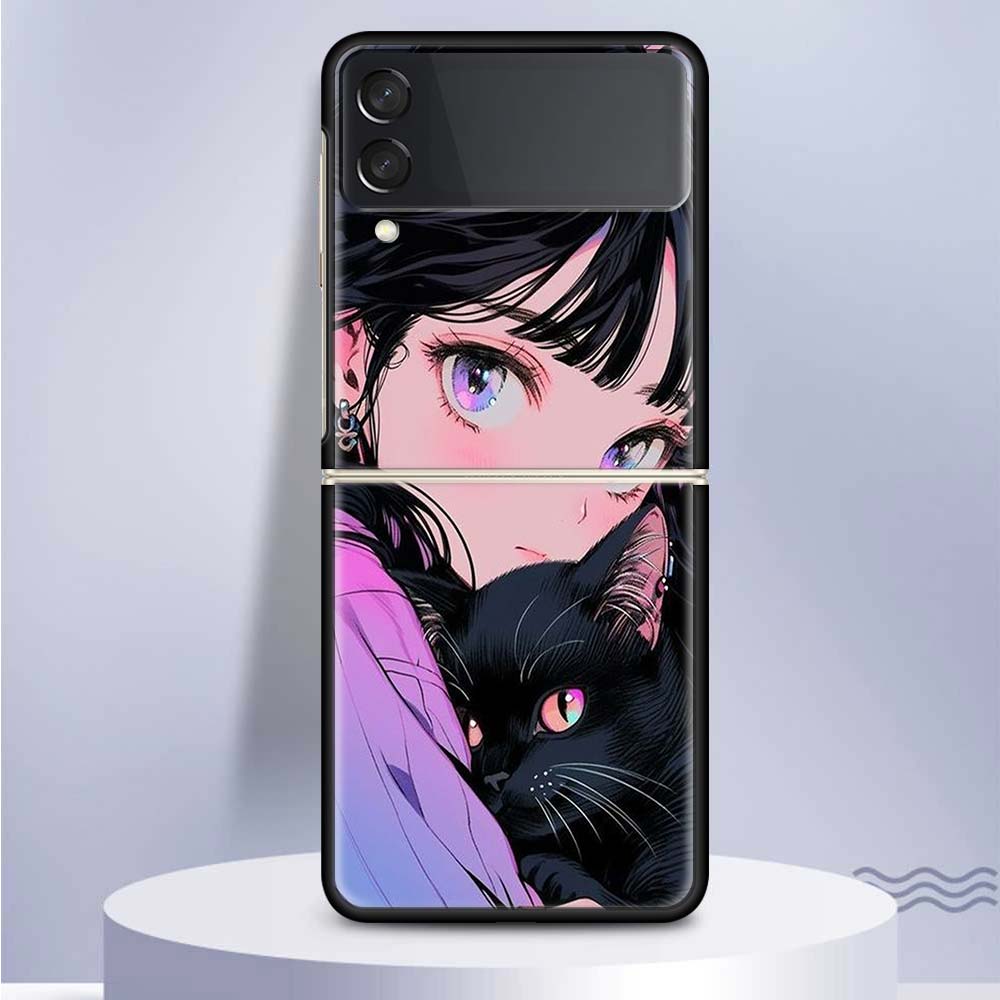 Милый Аниме Инс Девочки Животное Кошка Для Samsung Galaxy Z Flip 5 4 3 5G Чехол для Телефона Черный Жесткий Чехол ZFlip 5 4 3 Роскошный Ударопрочный Бампер
