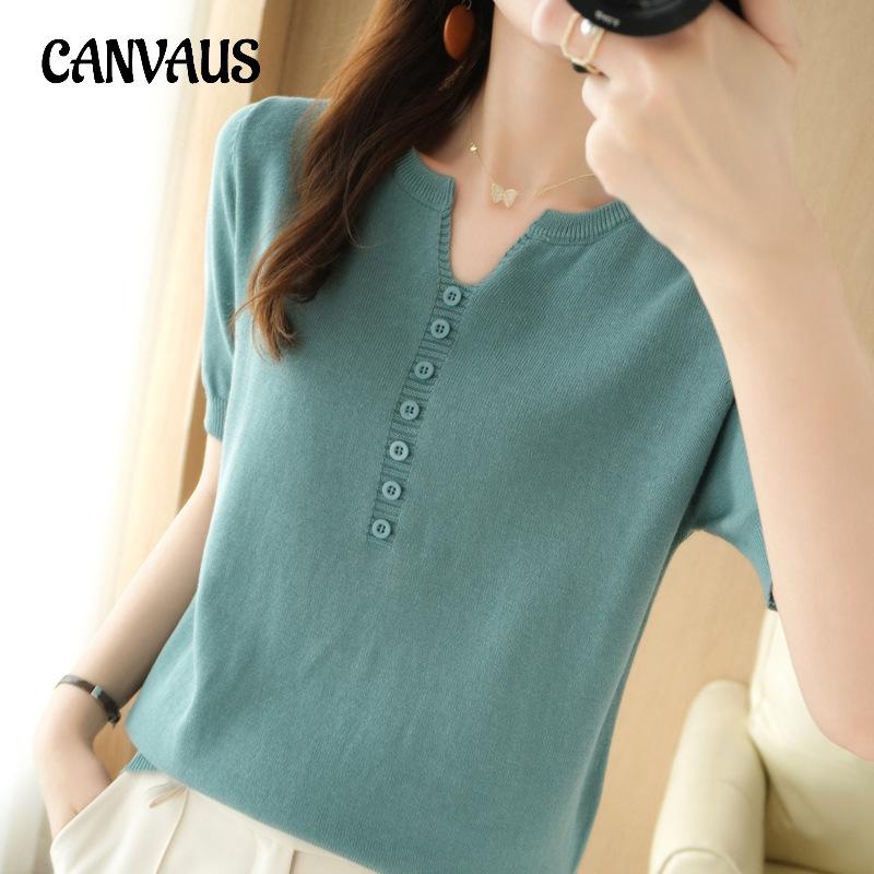 Новая летняя женская футболка с короткими рукавами, свободная тонкая трикотажная футболка с v-образным вырезом, универсальные тонкие топы с короткими рукавами на тонких пуговицах