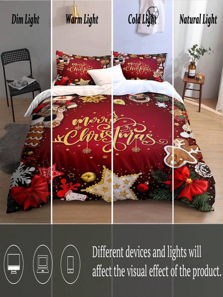 Christmas Bedding Set Red Background Snowflakes Christmas Duvet Cover Set Christmas Gingerbread Man Printed 3 Pieces Christmas