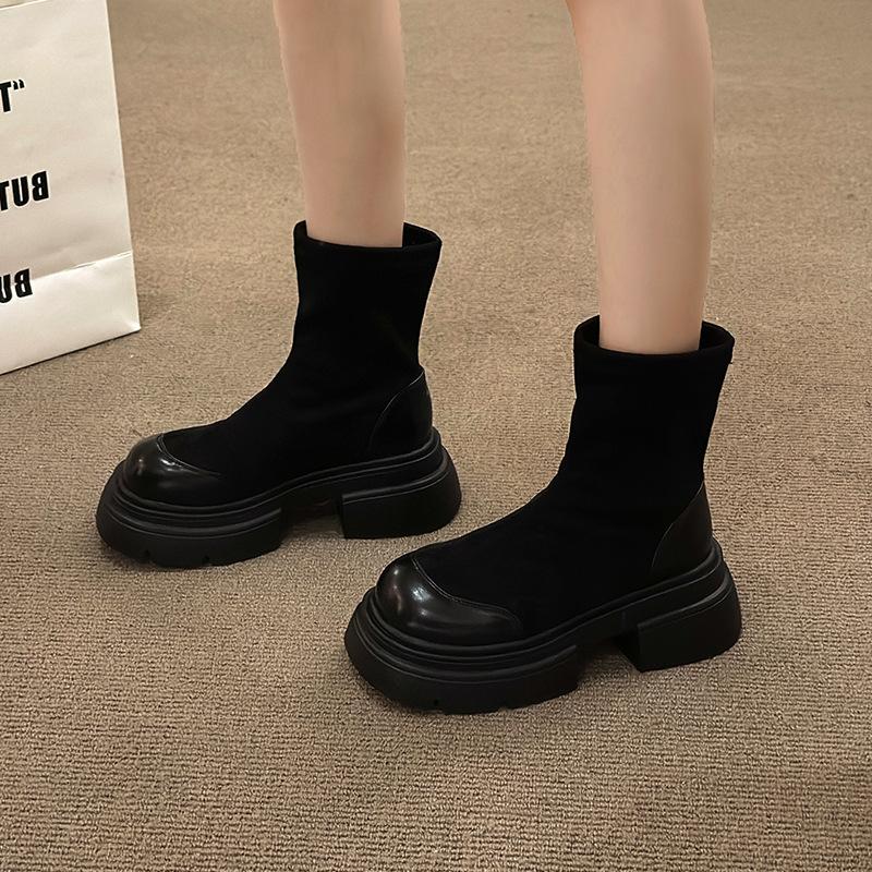 Chunky Elastic Skinny Boots Women 2024 Thick Korean Version of Thin Boots Autumn New British Muffin Short Boots